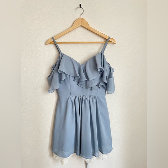 Off-Shoulder Halter Chiffon Dress with Blouson Bodice Dusty Blue